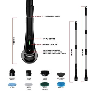 Cordless Electric Spin Scrubber Powerful Cleaning Brush with 7 Replaceable Brush Heads 2 Adjustable Speeds, 3 Size Handle for Home Floor Kitchen Bathroom Tub-Black