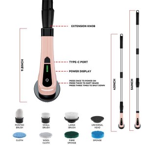 Cordless Electric Spin Scrubber Powerful Cleaning Brush with 7 Replaceable Brush Heads 2 Adjustable Speeds, 3 Size Handle for Home Floor Kitchen Bathroom Tub-Rose Golded
