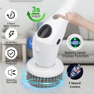 Electric Spin Scrubber with Night light and LED Display, Cordless Cleaning Brush with 8 Replaceable Heads & Adjustable Extension Handle, 3 Speeds, Cleaning for Bathroom Tub Grout Floor Wall Sink Tile