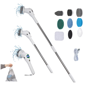 Electric Spin Scrubber with Night light and LED Display, Cordless Cleaning Brush with 8 Replaceable Heads & Adjustable Extension Handle, 3 Speeds, Cleaning for Bathroom Tub Grout Floor Wall Sink Tile