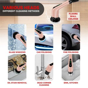 Cordless Electric Spin Scrubber Powerful Cleaning Brush with 7 Replaceable Brush Heads 2 Adjustable Speeds, 3 Size Handle for Home Floor Kitchen Bathroom Tub-Rose Golded